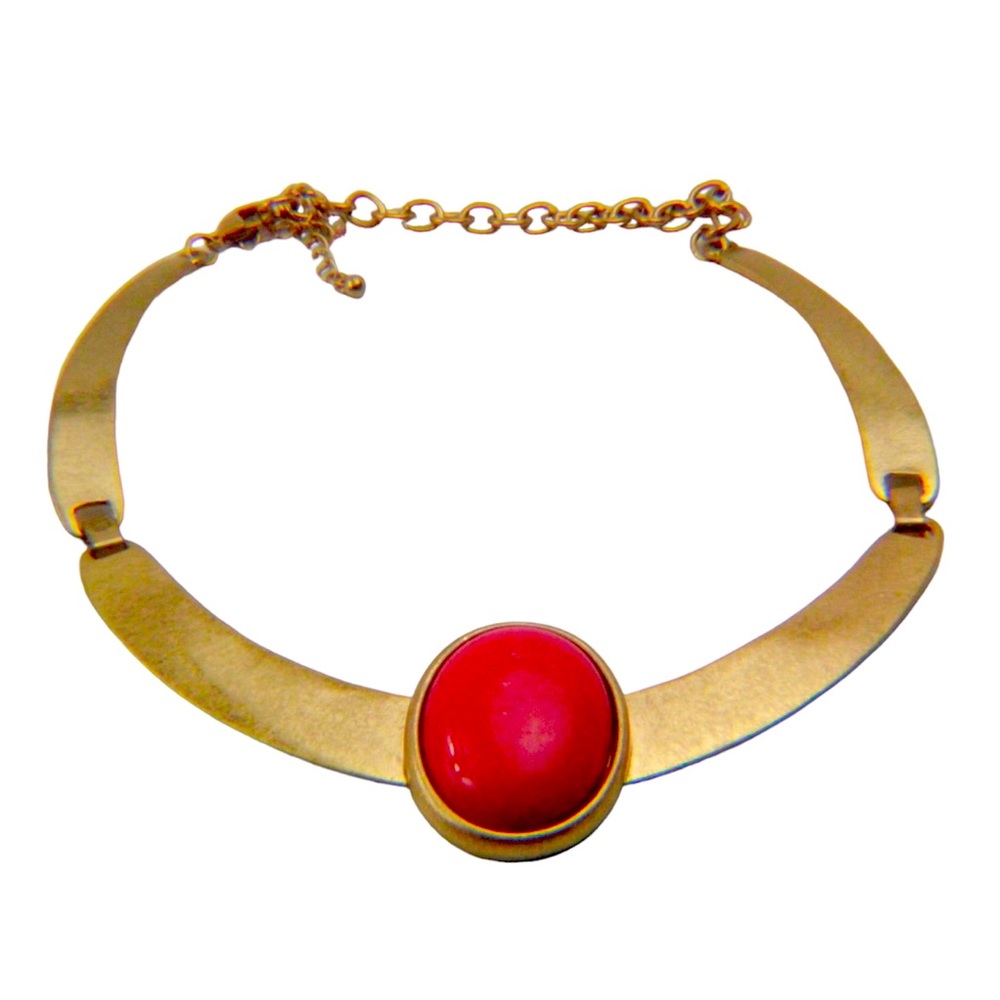 Oval Acrylic Pendant Choker  Party Pageant Necklace Industrial Gold Tone Orange